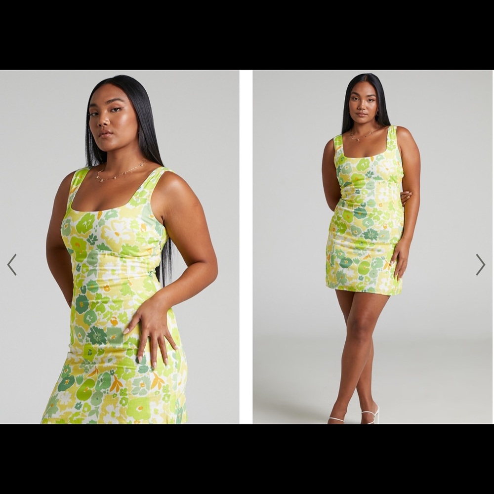 Nikoletta Square Neck Back Cut Out Mini Dress in Pine Lime Print